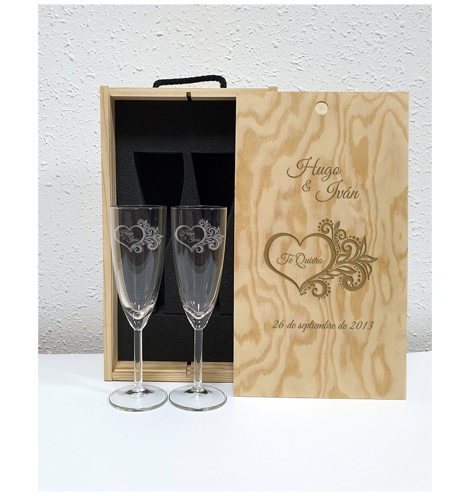 2 copas de champagne + caja personalizadas · Regalos Originales -  Creaciones Mikeldi